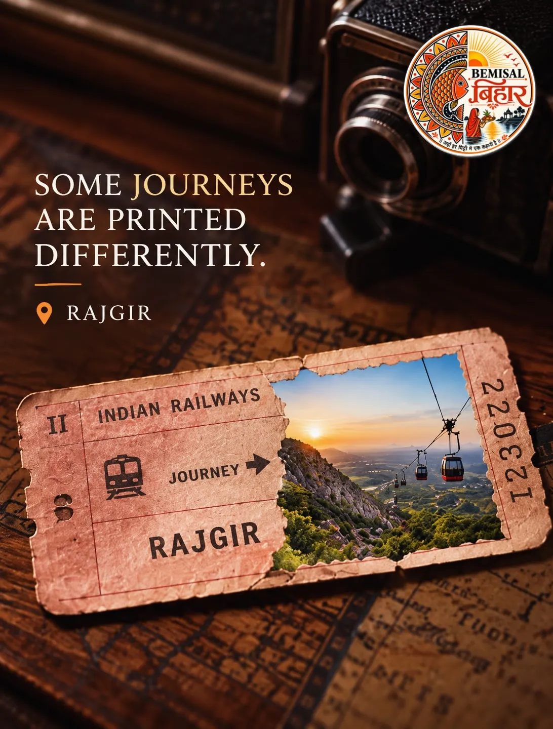 A worn railway ticket to Rajgir, torn open onto the ropeway at sunset.