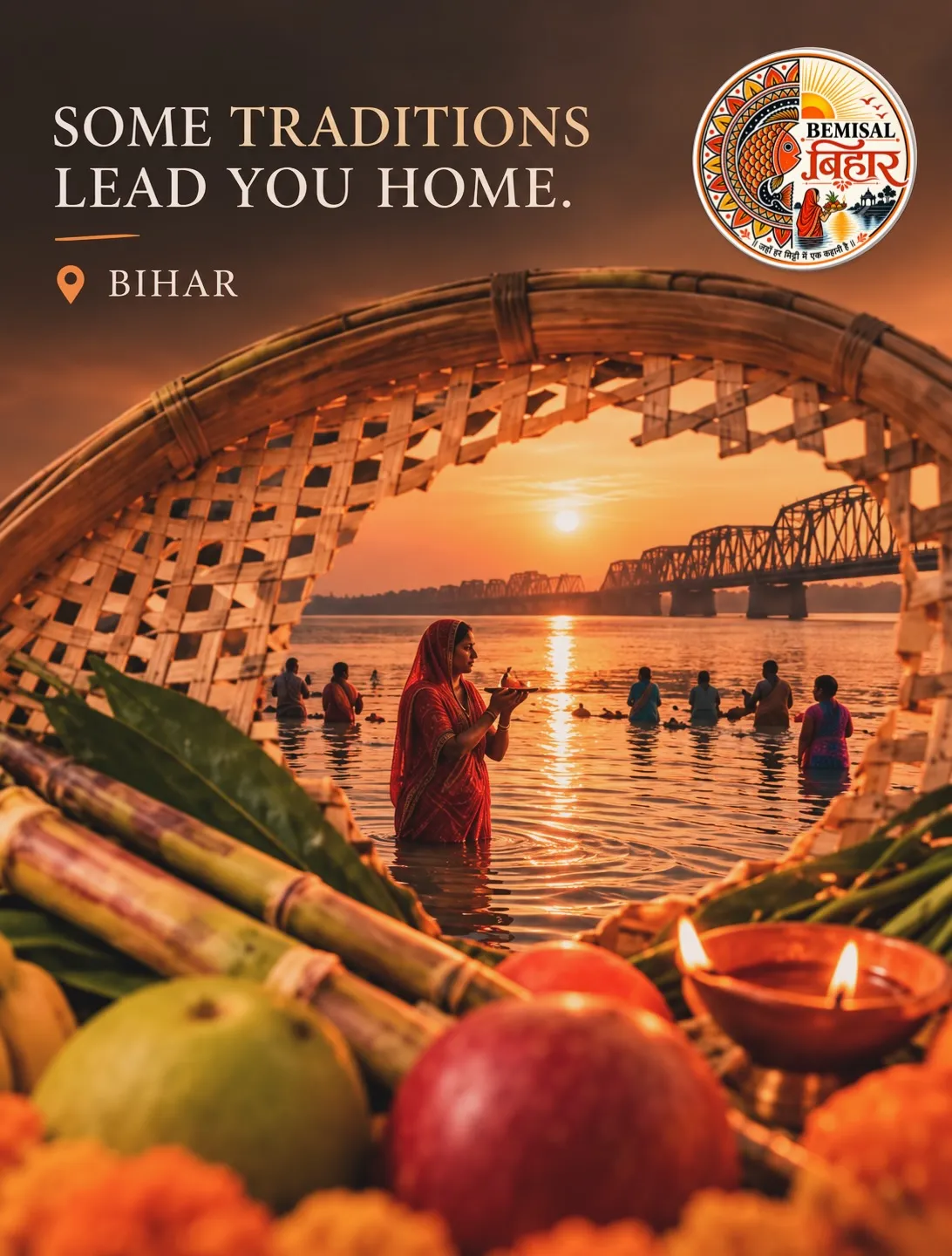 Chhath at sunset seen through a bamboo basket, with fruit, sugarcane, a diya, and people standing in the river.